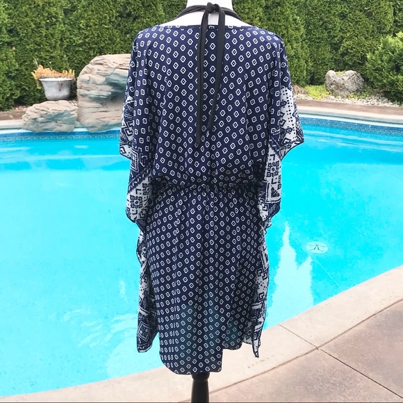 Blue & White Tunic Swim Cover-up with Tie waist - Picture 4 of 5